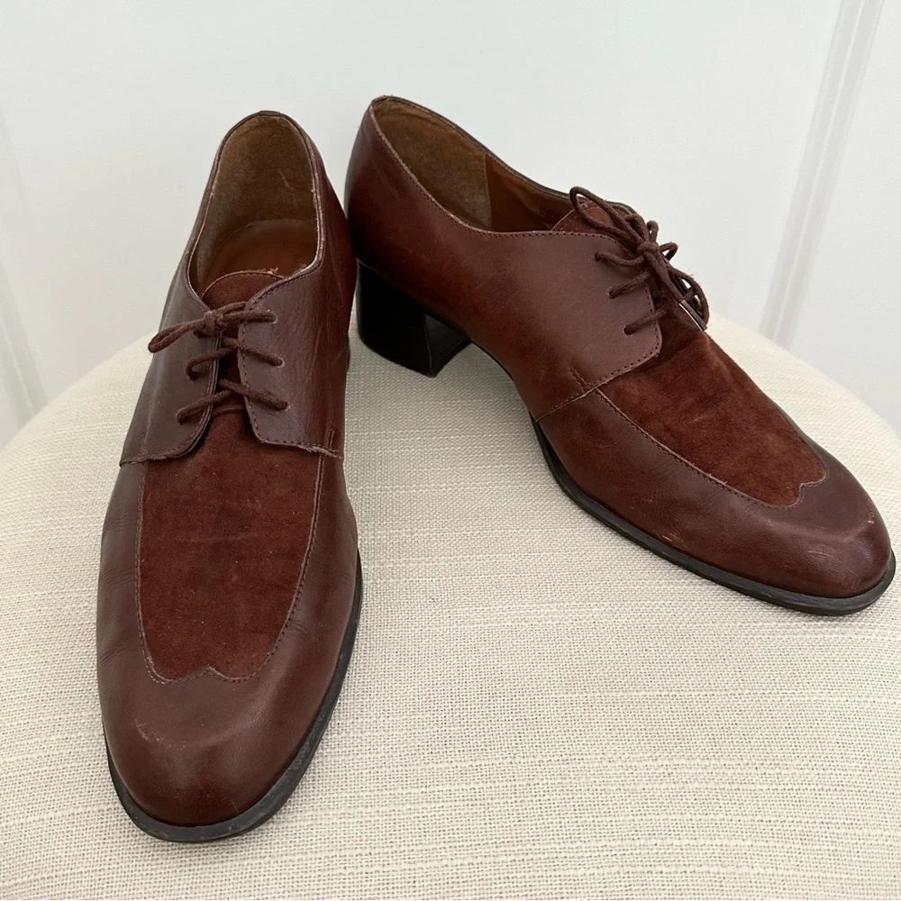 Vintage Brown Suede Leather Heeled Loafer Shoes- Preppy Collegiate Fall Office
